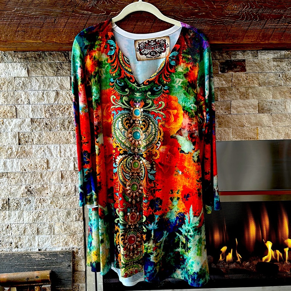 Amma Design Jewel & Roses Print Tunic Top Women’s Size XL